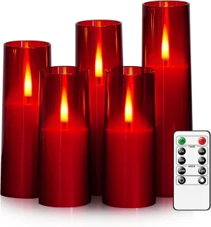 Flameless LED Candles, Upgraded Realistic 5 Pcs Flickering Flame Pillar Candles, Battery Operated Candles with Remote Timer, for Romantic Ambiance and Home Decoration (Red)