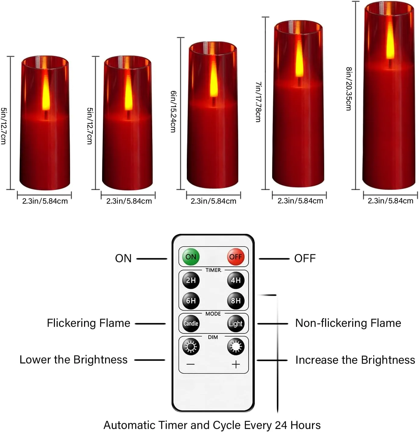 Flameless LED Candles, Upgraded Realistic 5 Pcs Flickering Flame Pillar Candles, Battery Operated Candles with Remote Timer, for Romantic Ambiance and Home Decoration (Red)