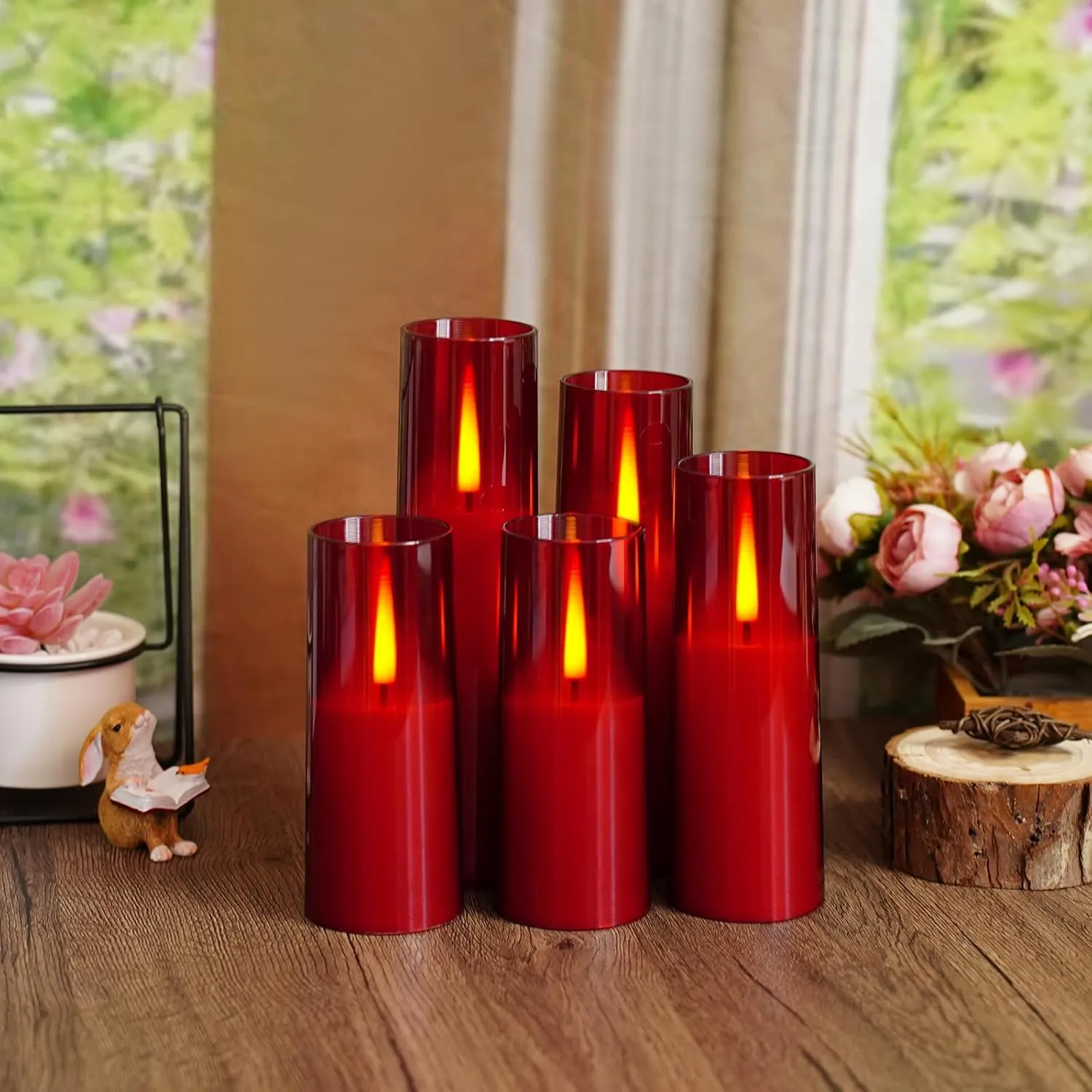 Flameless LED Candles, Upgraded Realistic 5 Pcs Flickering Flame Pillar Candles, Battery Operated Candles with Remote Timer, for Romantic Ambiance and Home Decoration (Red)