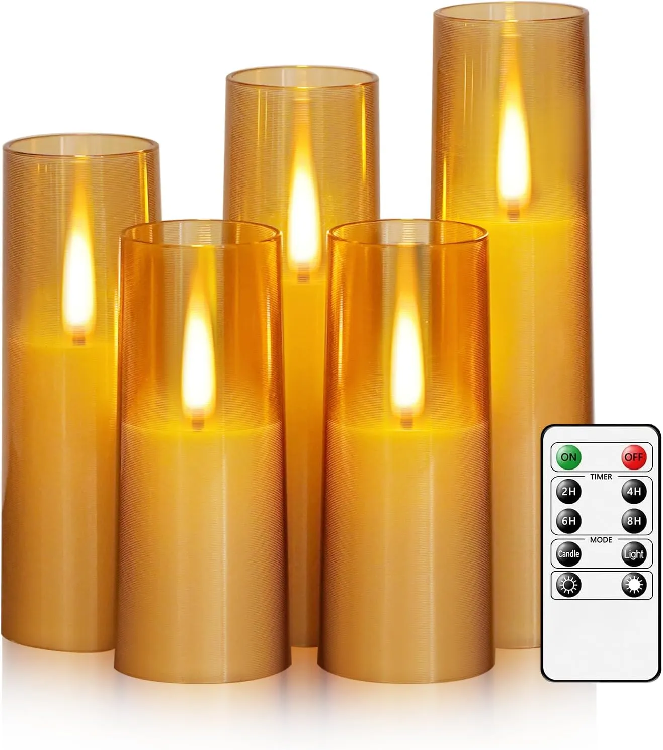 Flameless LED Candles, Upgraded Realistic Flickering Flame Battery Operated Candles with Remote Timer, Acrylic Electric Set of 5 for Romantic Ambiance and Home Decoration (Gold)