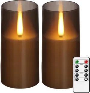 Flameless LED Candles, Upgraded Realistic Flickering Pillar Battery Operated Candles with Remote Timer, Acrylic Electric Set of 2 for Romantic Ambiance and Home Decoration(Grey)