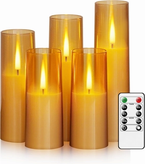 Flameless LED Candles, Battery Operated Upgraded Realistic 5 Pcs Flickering Flame Pillar Candles with Remote Timer, for Romantic Ambiance and Home Decoration (Gold)