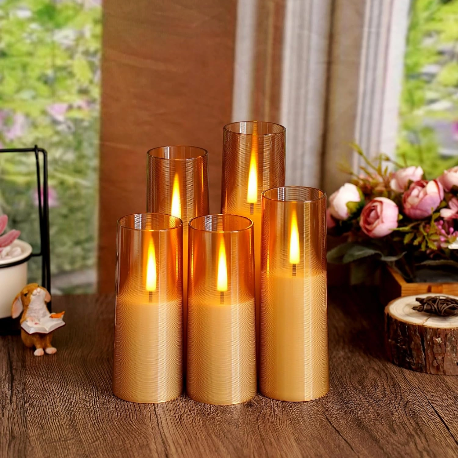 Flameless LED Candles, Battery Operated Upgraded Realistic 5 Pcs Flickering Flame Pillar Candles with Remote Timer, for Romantic Ambiance and Home Decoration (Gold)