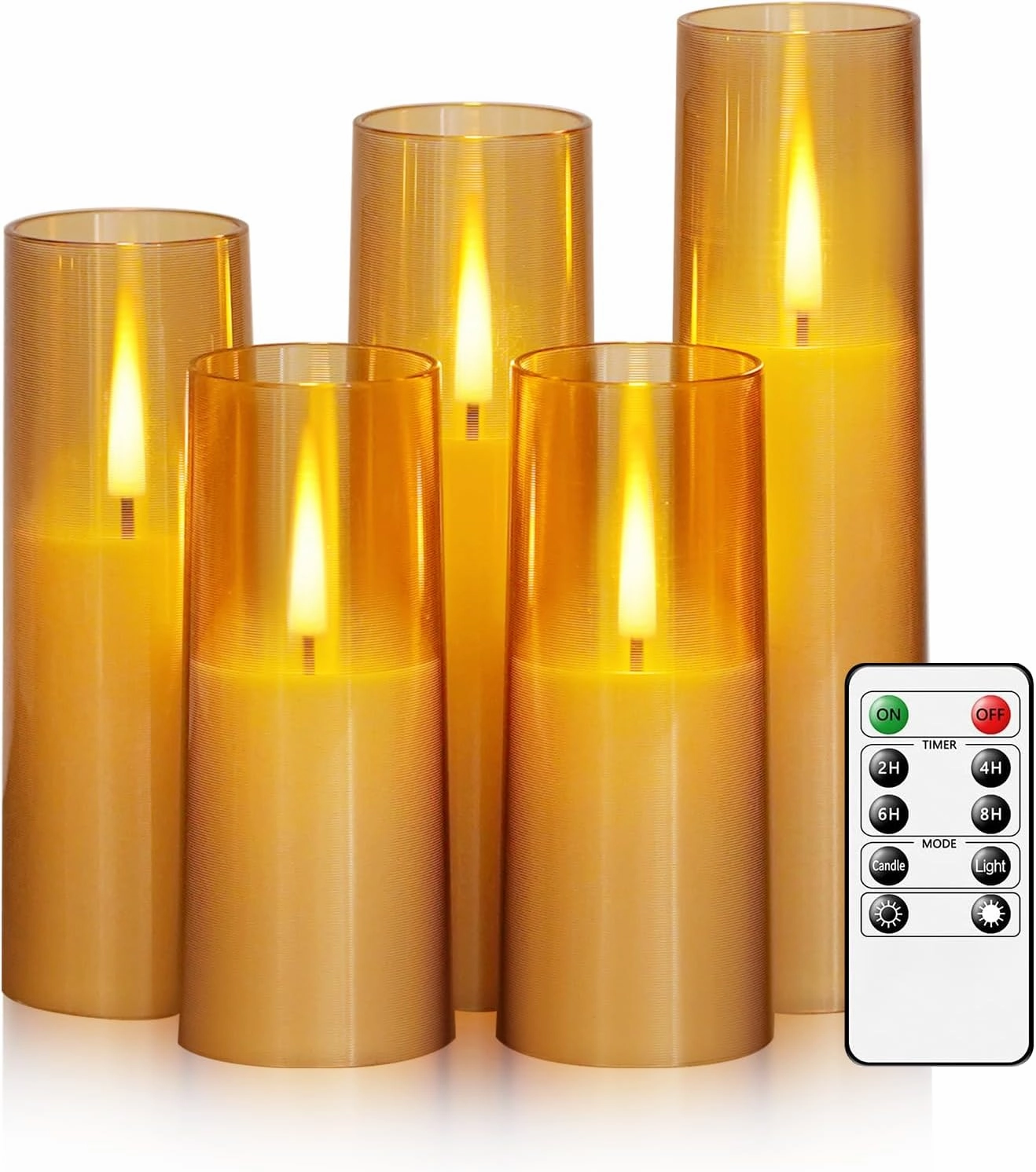Flameless LED Candles, Battery Operated Upgraded Realistic 5 Pcs Flickering Flame Pillar Candles with Remote Timer, for Romantic Ambiance and Home Decoration (Gold)