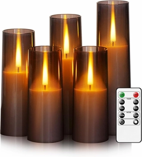 Flameless LED Candles, Battery Operated Upgraded Realistic 5 Pcs Flickering Flame Pillar Candles with Remote Timer, for Romantic Ambiance and Home Decoration (Grey)