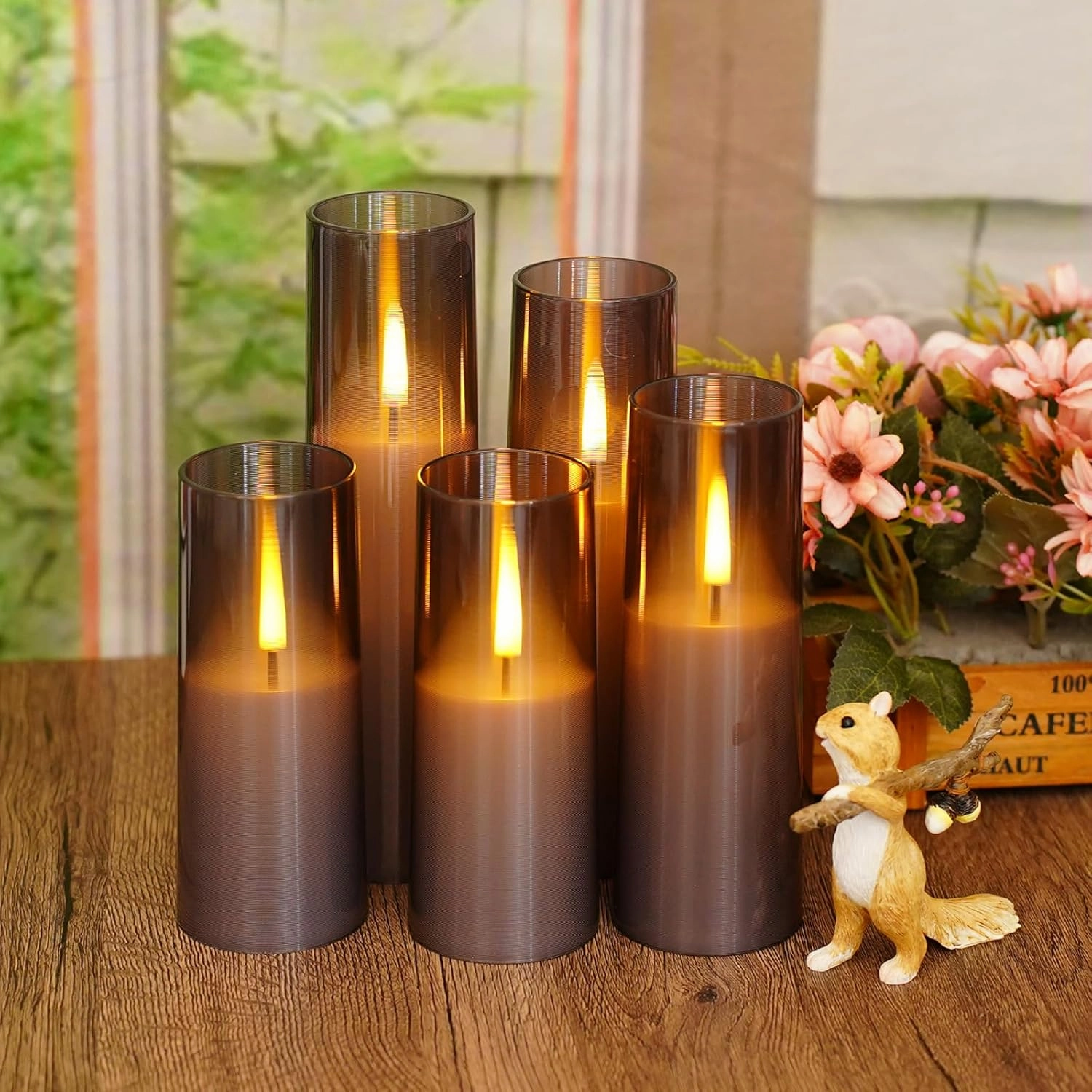 Flameless LED Candles, Battery Operated Upgraded Realistic 5 Pcs Flickering Flame Pillar Candles with Remote Timer, for Romantic Ambiance and Home Decoration (Grey)