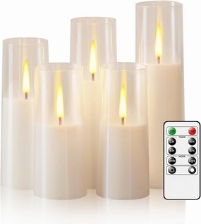 Flameless LED Candles, Upgraded Realistic 5 Pcs Flickering Flame Pillar Candles, Battery Operated Candles with Remote Timer, for Romantic Ambiance and Home Decoration (White)