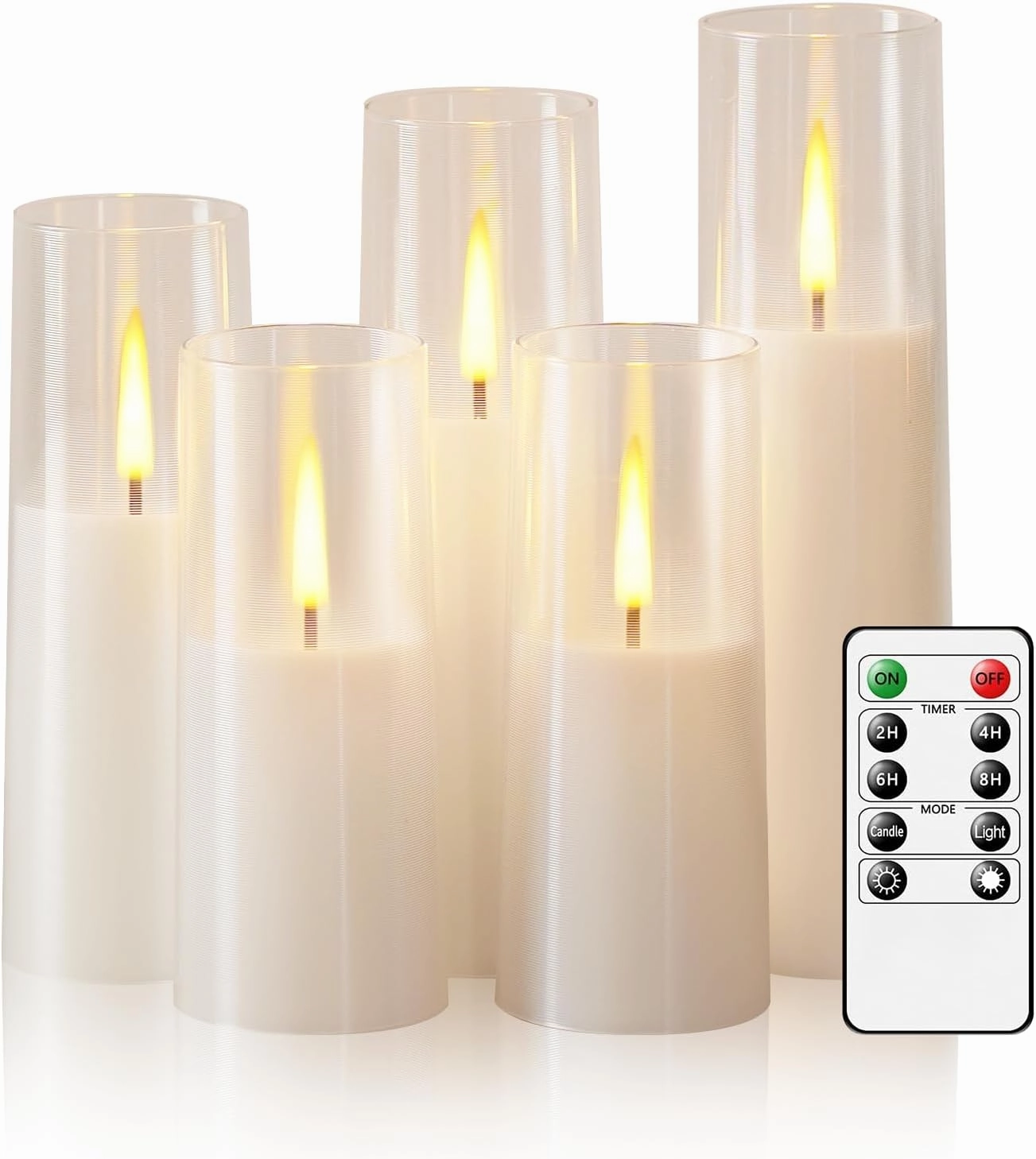 Flameless LED Candles, Upgraded Realistic 5 Pcs Flickering Flame Pillar Candles, Battery Operated Candles with Remote Timer, for Romantic Ambiance and Home Decoration (White)