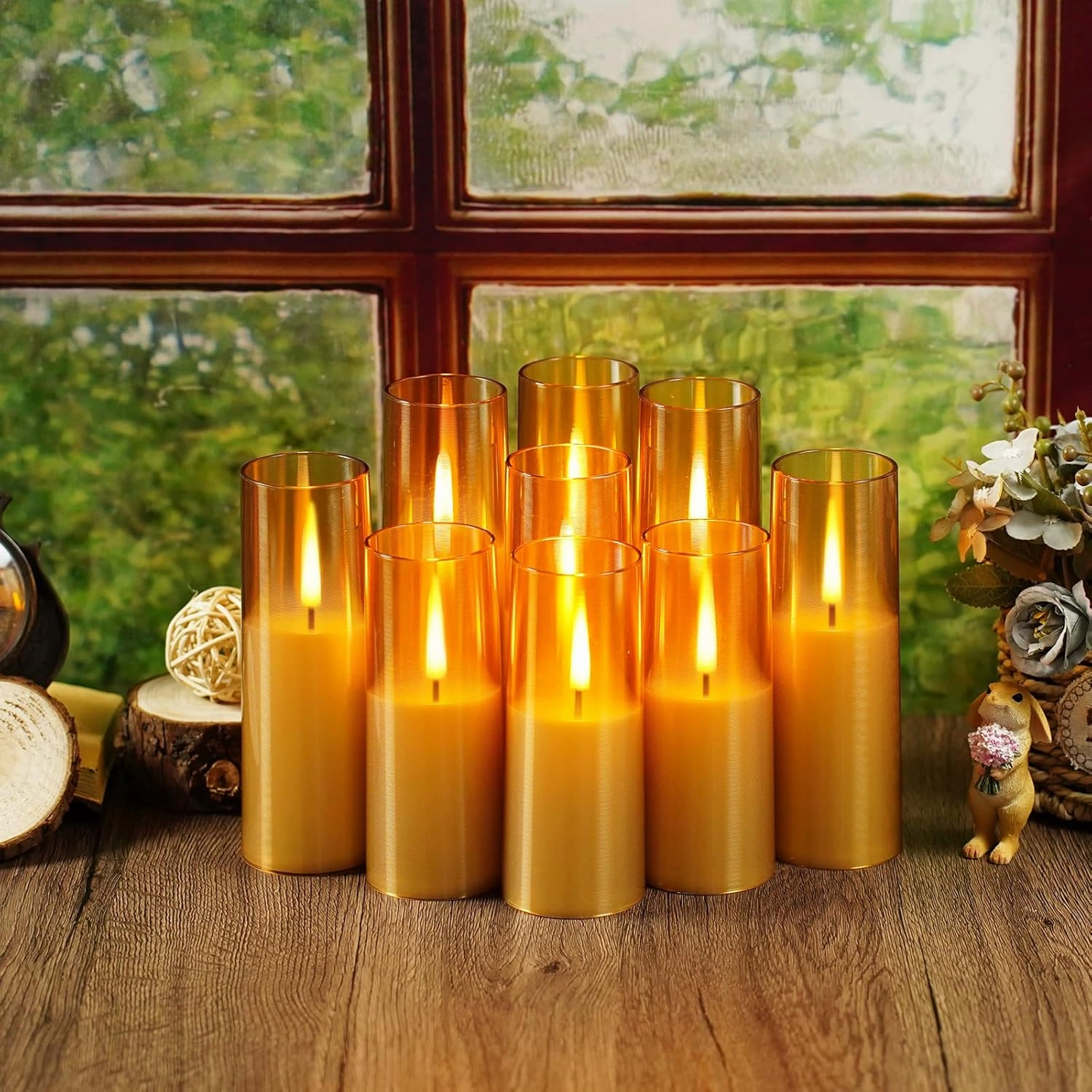 Flameless LED Candles, Upgraded Realistic 9 Pcs Flickering Flame Pillar Candles, Battery Operated Candles with Remote Timer, for Romantic Ambiance and Home Decoration (Gold)