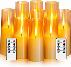 Flameless LED Candles, Upgraded Realistic 9 Pcs Flickering Flame Pillar Candles, Battery Operated Candles with Remote Timer, for Romantic Ambiance and Home Decoration (Gold)