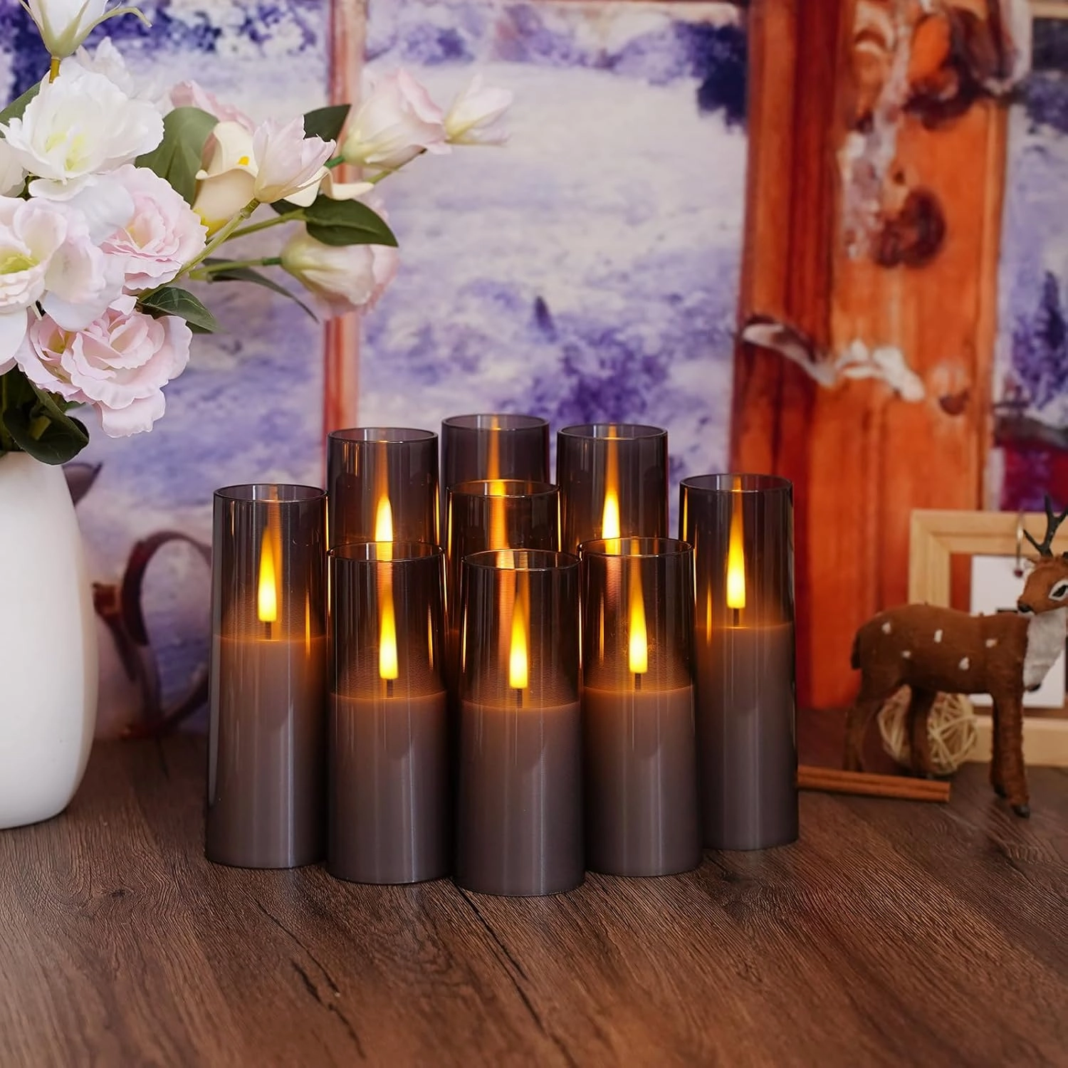 Flameless LED Candles, Upgraded Realistic 9 Pcs Flickering Flame Pillar Candles, Battery Operated Candles with Remote Timer, for Romantic Ambiance and Home Decoration (Grey)