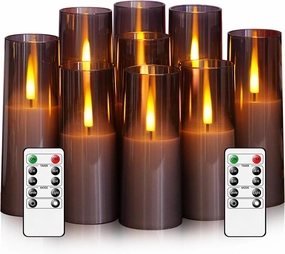 Flameless LED Candles, Upgraded Realistic 9 Pcs Flickering Flame Pillar Candles, Battery Operated Candles with Remote Timer, for Romantic Ambiance and Home Decoration (Grey)