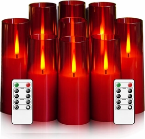 Flameless LED Candles, Upgraded Realistic 9 Pcs Flickering Flame Pillar Candles, Battery Operated Candles with Remote Timer, for Romantic Ambiance and Home Decoration (Red)