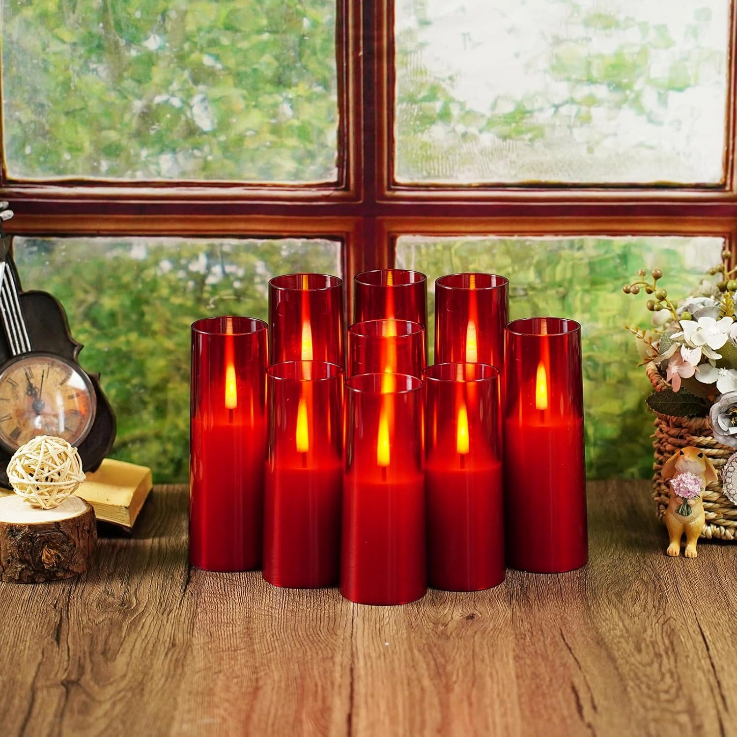 Flameless LED Candles, Upgraded Realistic 9 Pcs Flickering Flame Pillar Candles, Battery Operated Candles with Remote Timer, for Romantic Ambiance and Home Decoration (Red)