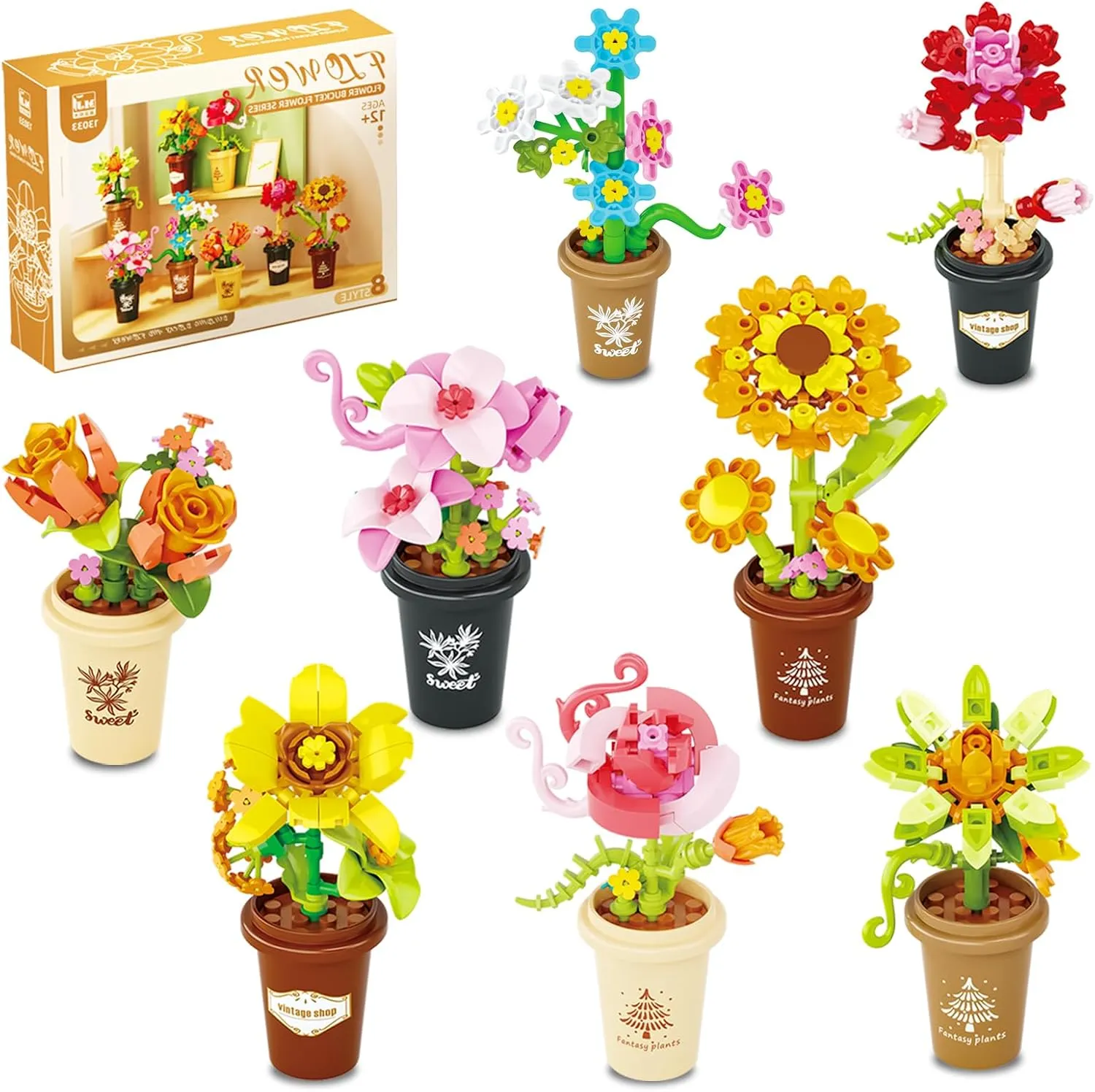 Flower Bouquet Building Set,588 Pcs Artificial Flower Kit,8 Types Plant Bonsai Tree Building Blocks,Valentine's Birthday Botanical Collection Gift for Women Girls Adults Friends Kids Ages 6 