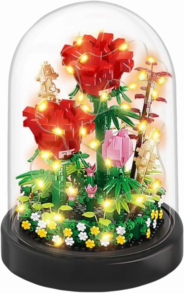 Flower Bouquet Building Kit with LED Lighting - 596 PCS Rose Sets with Cover Botanical Building Blocks | Birthday Mini Bricks Valentines Day Gift for Adult Girlfriend/Wife/mom (Red Roses)