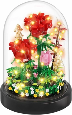 Flower Bouquet Building Kit with LED Lighting - 596 PCS Rose Sets with Cover Botanical Building Blocks | Birthday Mini Bricks Valentines Day Gift for Adult Girlfriend/Wife/mom (Red Roses)