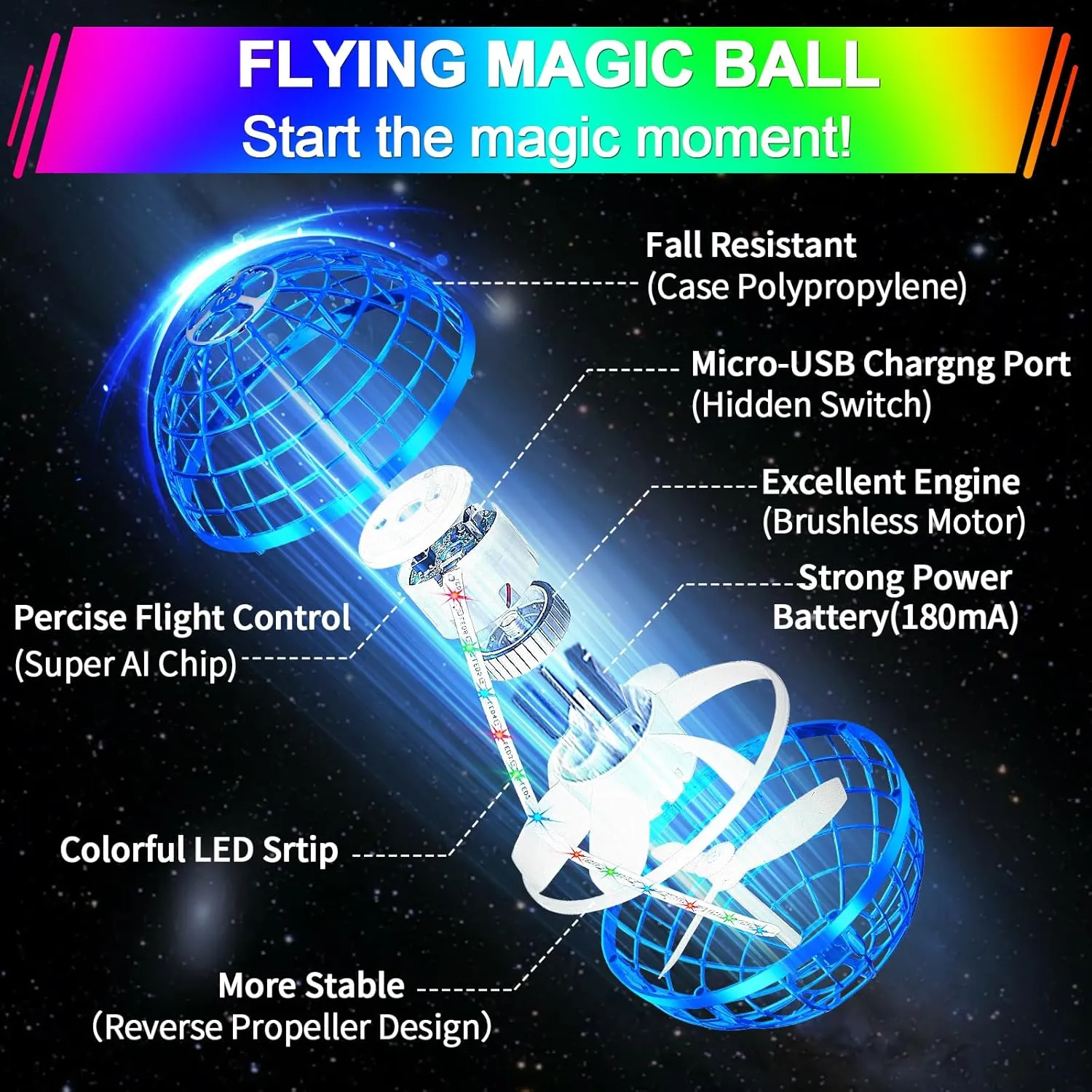 Flying Orb Ball Toy, Magic Hand Controlled Mini Drone Fly Orb Hover Ball Toy,Galactic Fidget Spinner Flying Orb, Cool Toys Gift for 6 7 8 9 10  Year Old Boys Girls Toys-Blue