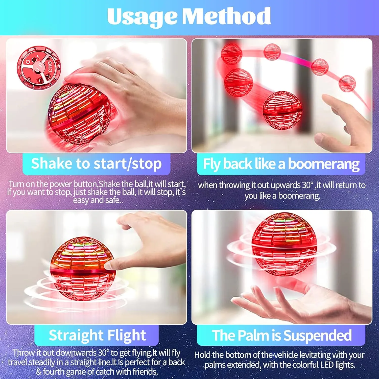 Flying Orb Toys, Galaxy Boomerang, 2024 Upgraded Hand Controlled Hover Ball, Cosmic Globe, 360 Rotating Cool Fidget Spinner, Mini Drone Flyorb Toy Gift for 6-10  Kids & Adults