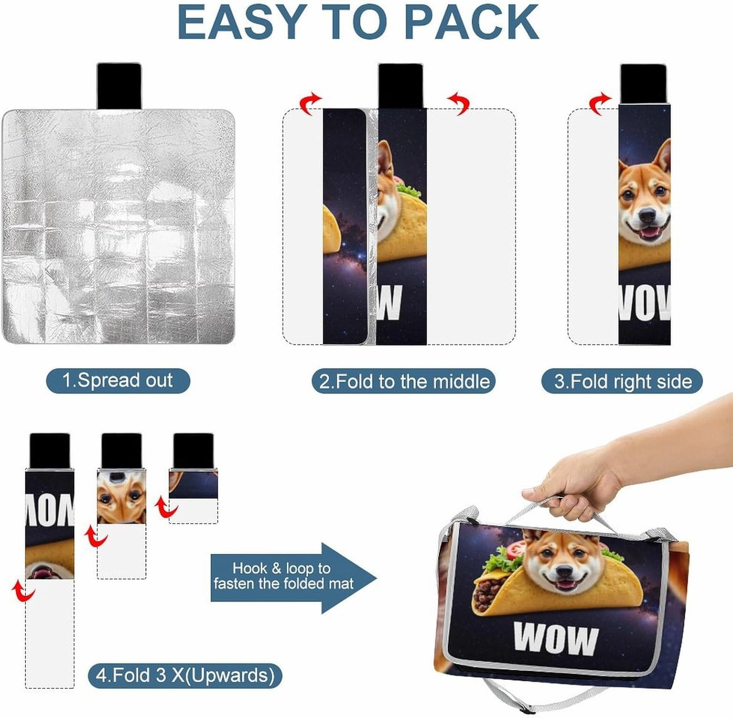 Foldable Funny Galaxy Space Dog Picnic Mat for Women and Men, Portable Waterproof Beach Blanket for Outdoor Camping Park Travel Accessories
