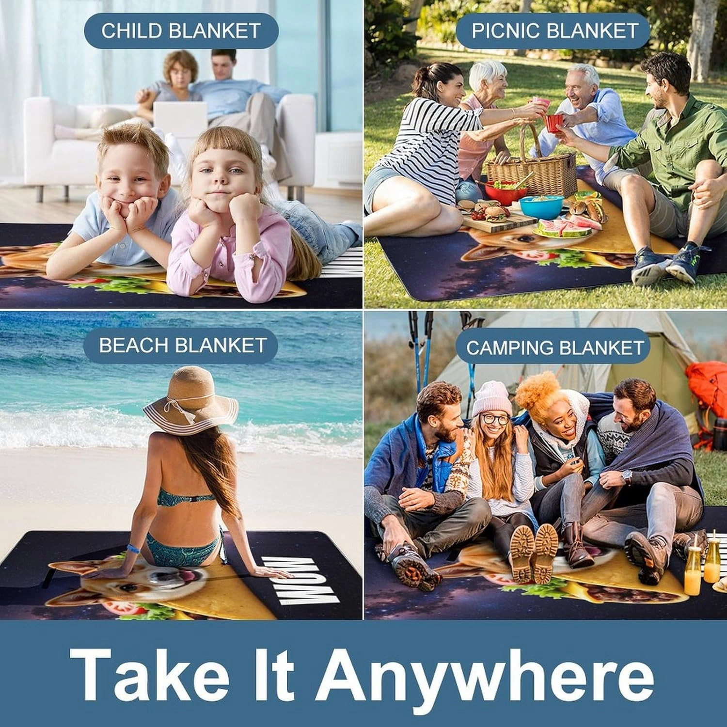 Foldable Funny Galaxy Space Dog Picnic Mat for Women and Men, Portable Waterproof Beach Blanket for Outdoor Camping Park Travel Accessories