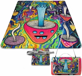 Foldable Trippy Magic Mushrooms Art Picnic Mat for Women and Men, Portable Waterproof Beach Blanket for Outdoor Camping Park Travel Accessories