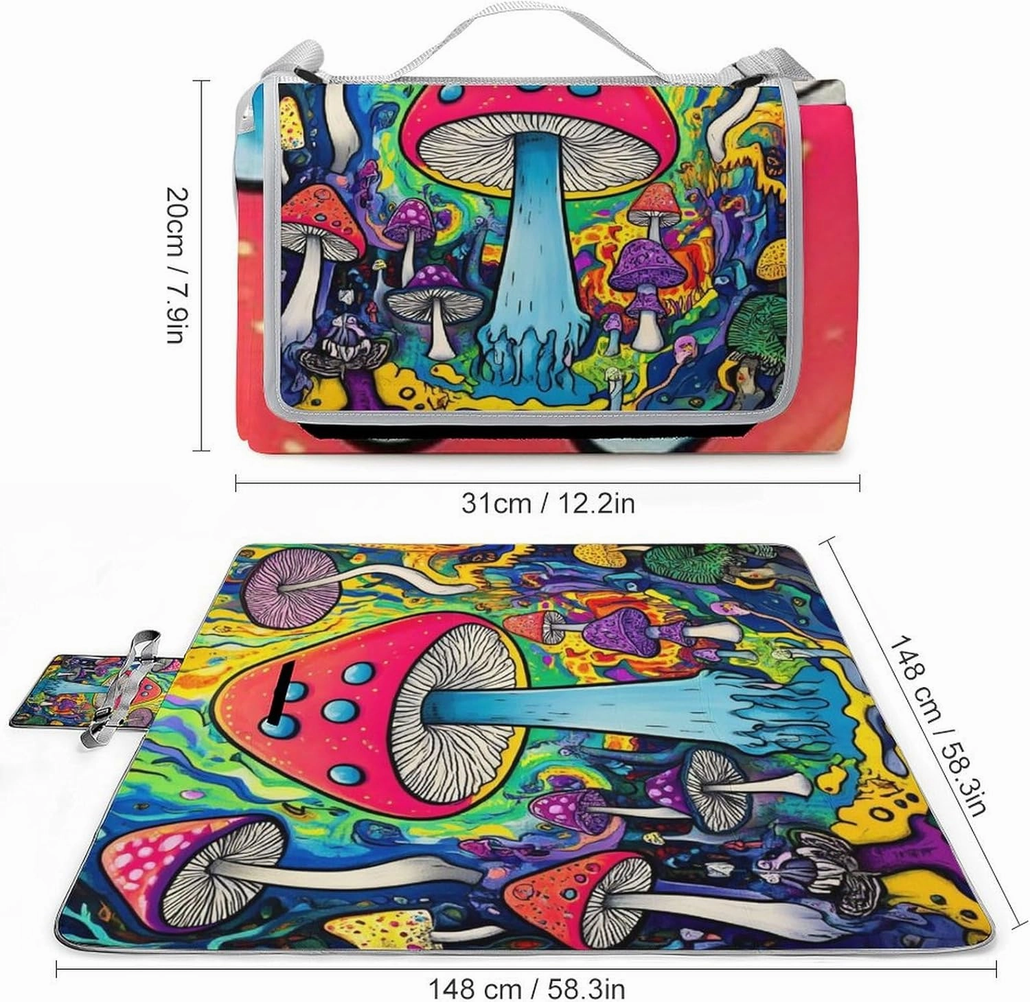 Foldable Trippy Magic Mushrooms Art Picnic Mat for Women and Men, Portable Waterproof Beach Blanket for Outdoor Camping Park Travel Accessories