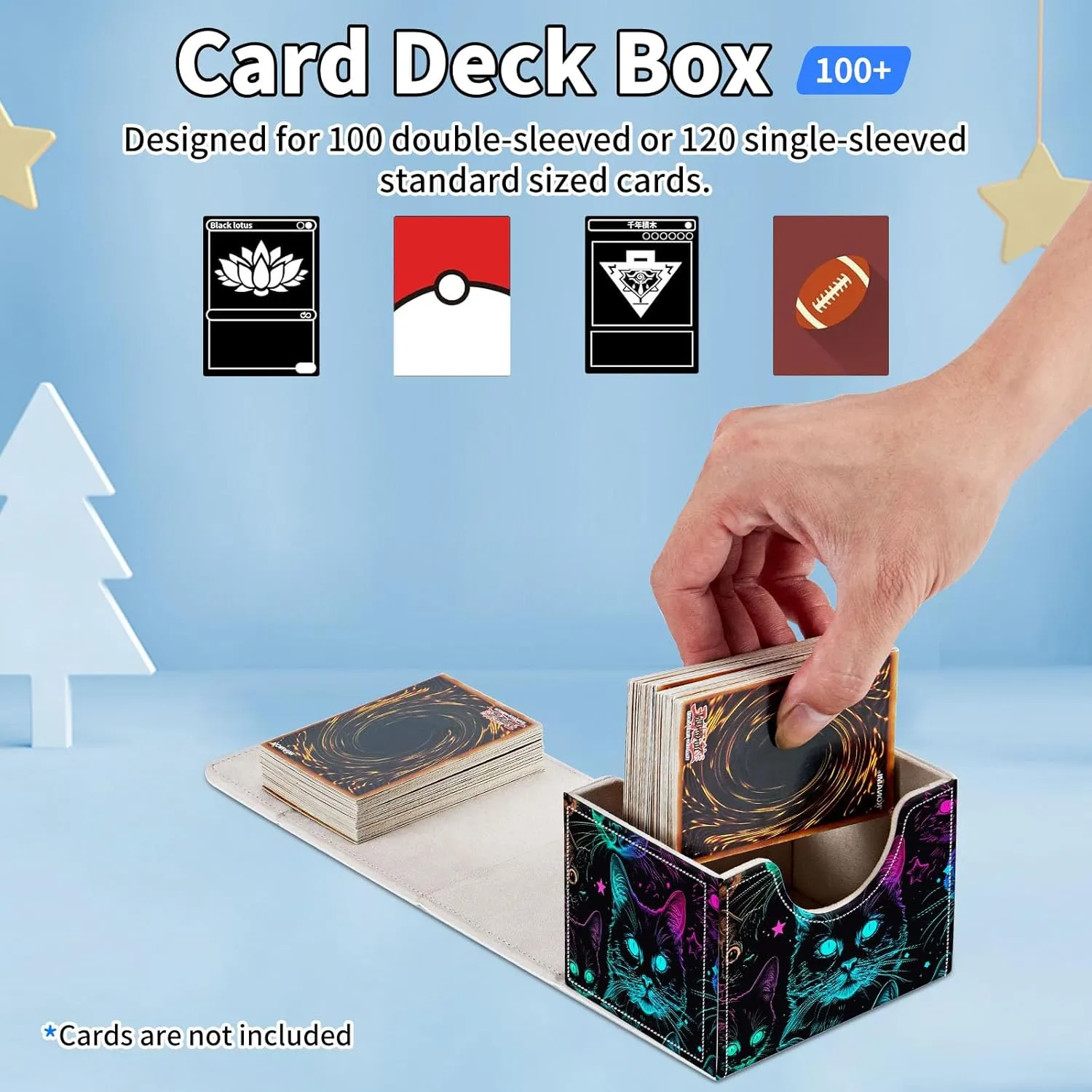 for MTG Commander Deck Box,Card Deck Box for Trading Yugioh MTG,Fits 100 Double Sleeved Cards,PU Leather Strong Magnet Case for Magic Commander TCG CCG,Glitter Black Cat