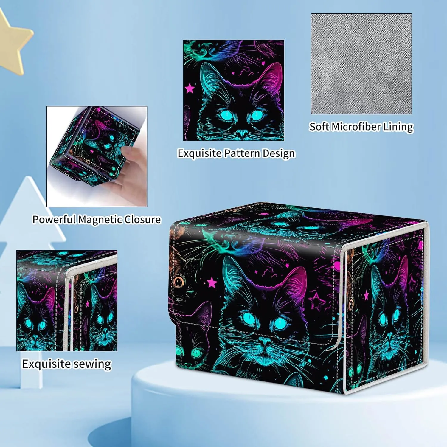 for MTG Commander Deck Box,Card Deck Box for Trading Yugioh MTG,Fits 100 Double Sleeved Cards,PU Leather Strong Magnet Case for Magic Commander TCG CCG,Glitter Black Cat