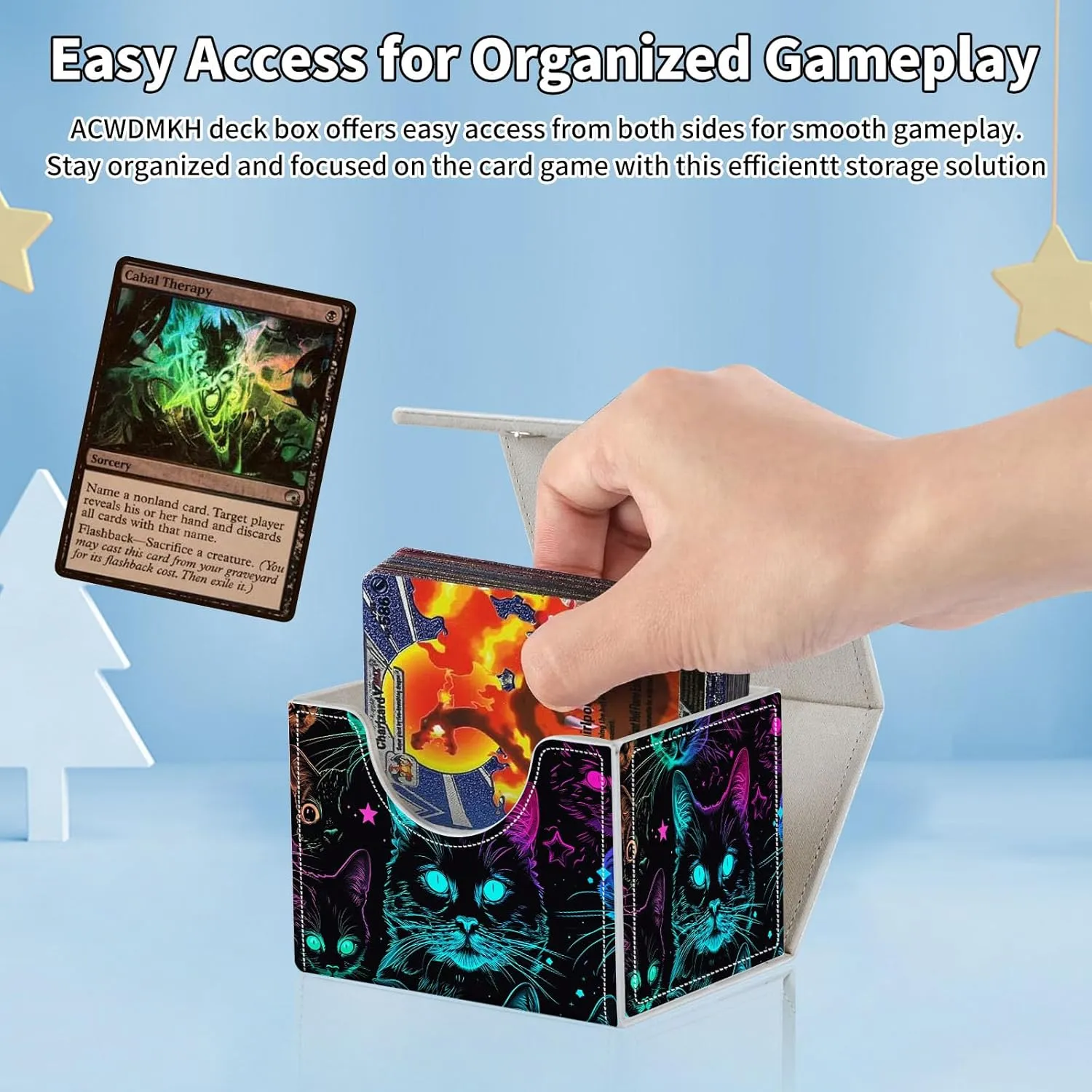 for MTG Commander Deck Box,Card Deck Box for Trading Yugioh MTG,Fits 100 Double Sleeved Cards,PU Leather Strong Magnet Case for Magic Commander TCG CCG,Glitter Black Cat