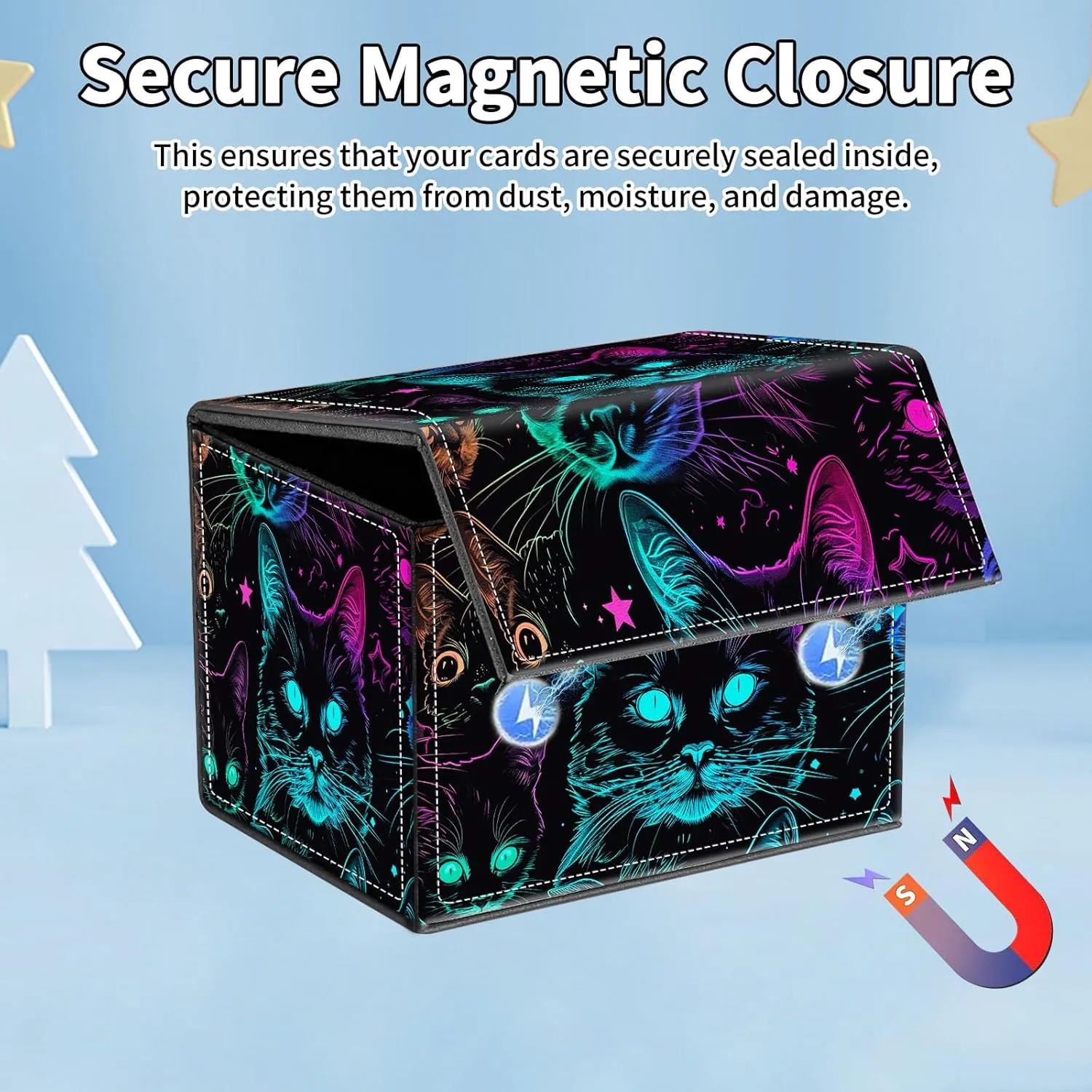 for MTG Commander Deck Box,Card Deck Box for Trading Yugioh MTG,Fits 100 Double Sleeved Cards,PU Leather Strong Magnet Case for Magic Commander TCG CCG,Glitter Black Cat