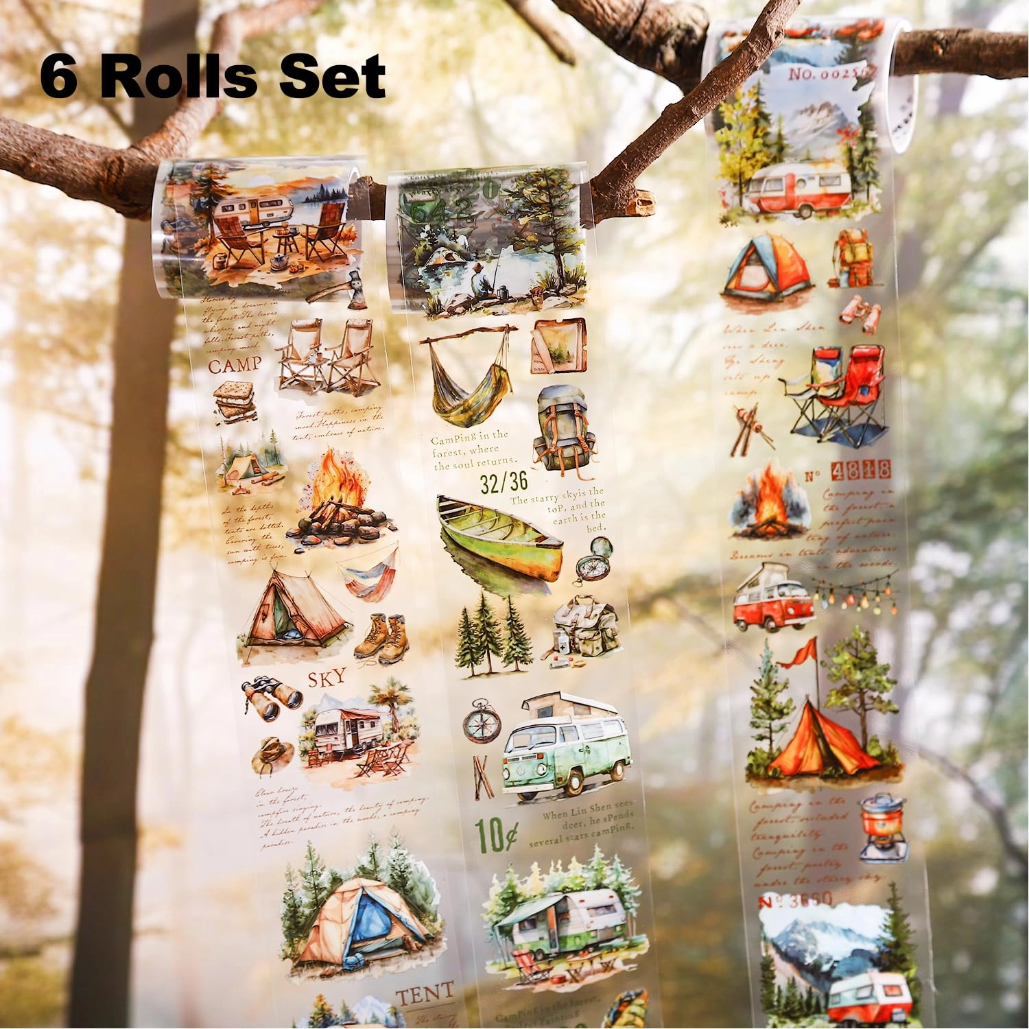 Forest Camping Theme PET Tape Set, 6 Rolls of Nature Adventure Stickers for Scrapbooking, Junk Journaling, DIY Crafts, and Art Supplies