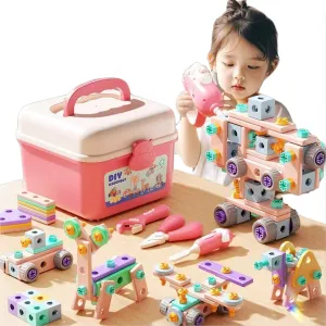 FOTN 146PCS Kids Tool Set Toys for 3, 4, 5, 6, 7 Year,STEM Educational Construction Building Toy with Screw Assembly&Electric Drill,Creative Engineering Building Toys and Portable Toolbox (Pink)