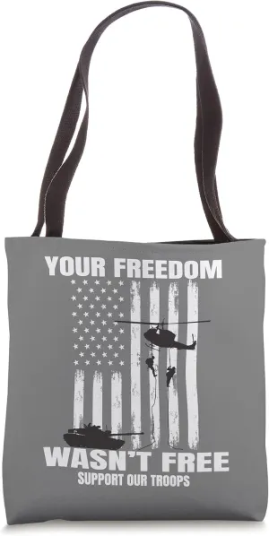 Freedom Support Our Troops Military Graphic American Flag Tote Bag