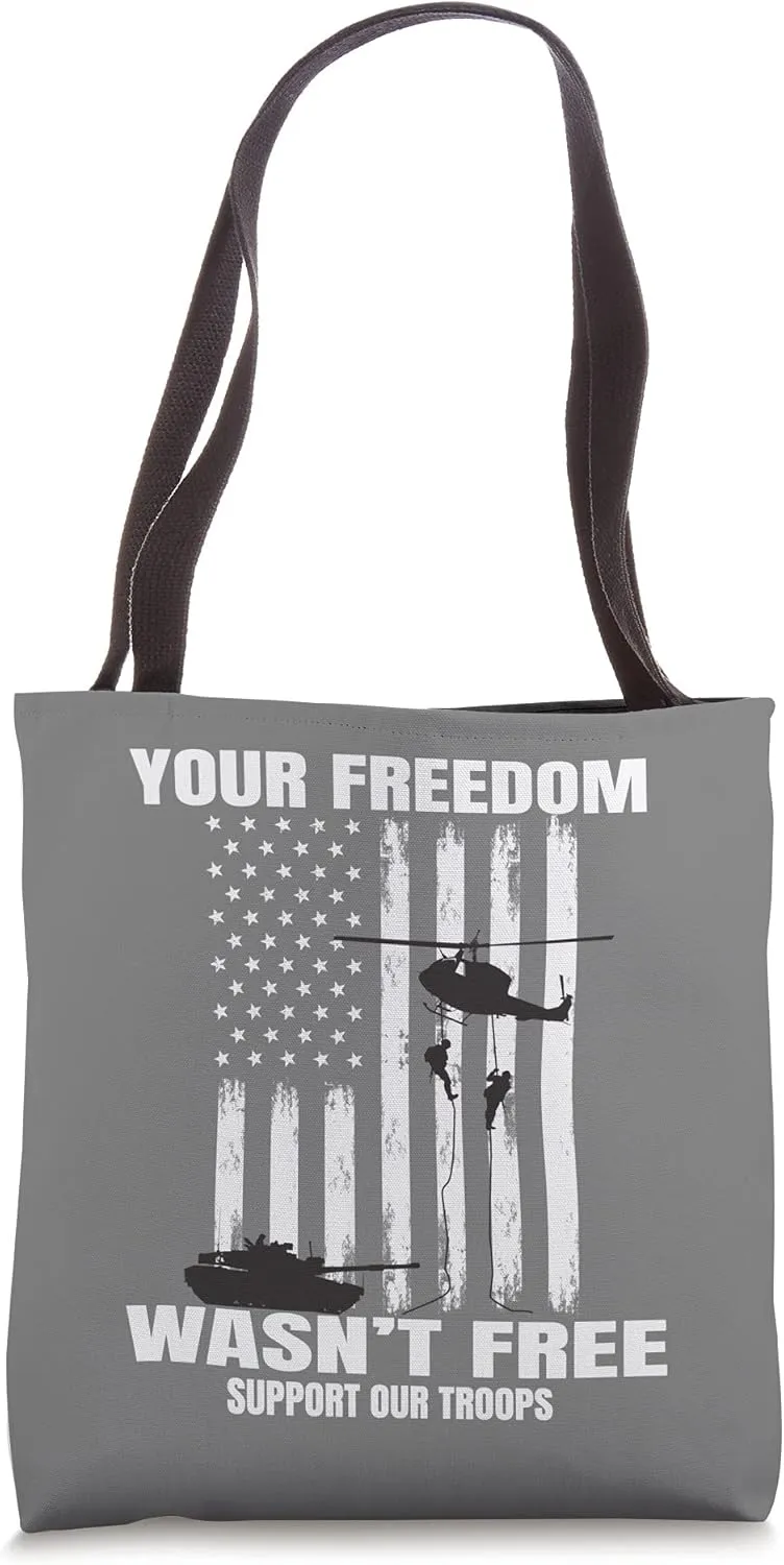 Freedom Support Our Troops Military Graphic American Flag Tote Bag