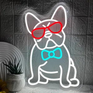 French Bulldog Neon Sign for Wall Decor, Frenchie Dog Wearing Glasses Bow Tie LED Neon Light, Cool French Bulldog Light Up Signs for Bedroom, Living Room, Pet Shop, Bar, Dog Birthday Party Decoration
