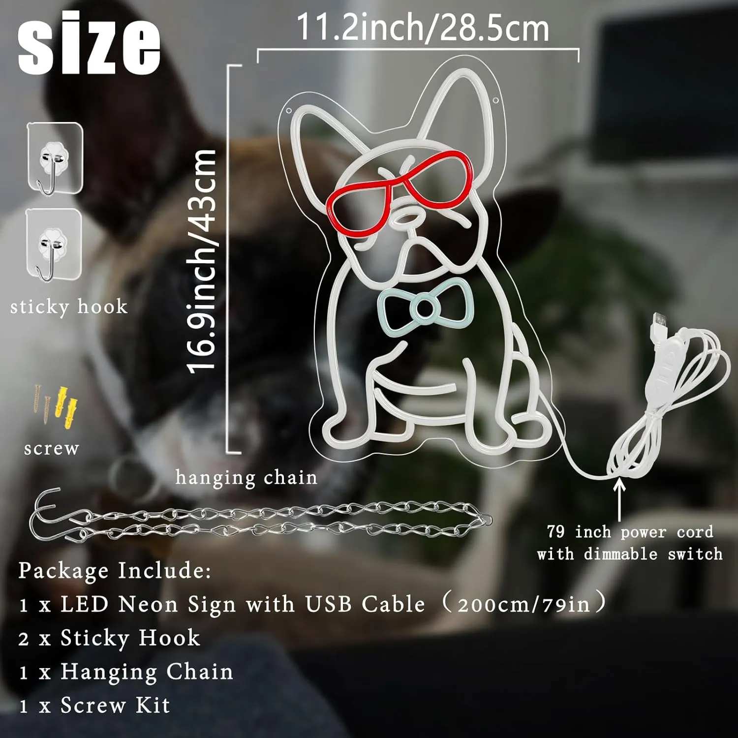 French Bulldog Neon Sign for Wall Decor, Frenchie Dog Wearing Glasses Bow Tie LED Neon Light, Cool French Bulldog Light Up Signs for Bedroom, Living Room, Pet Shop, Bar, Dog Birthday Party Decoration