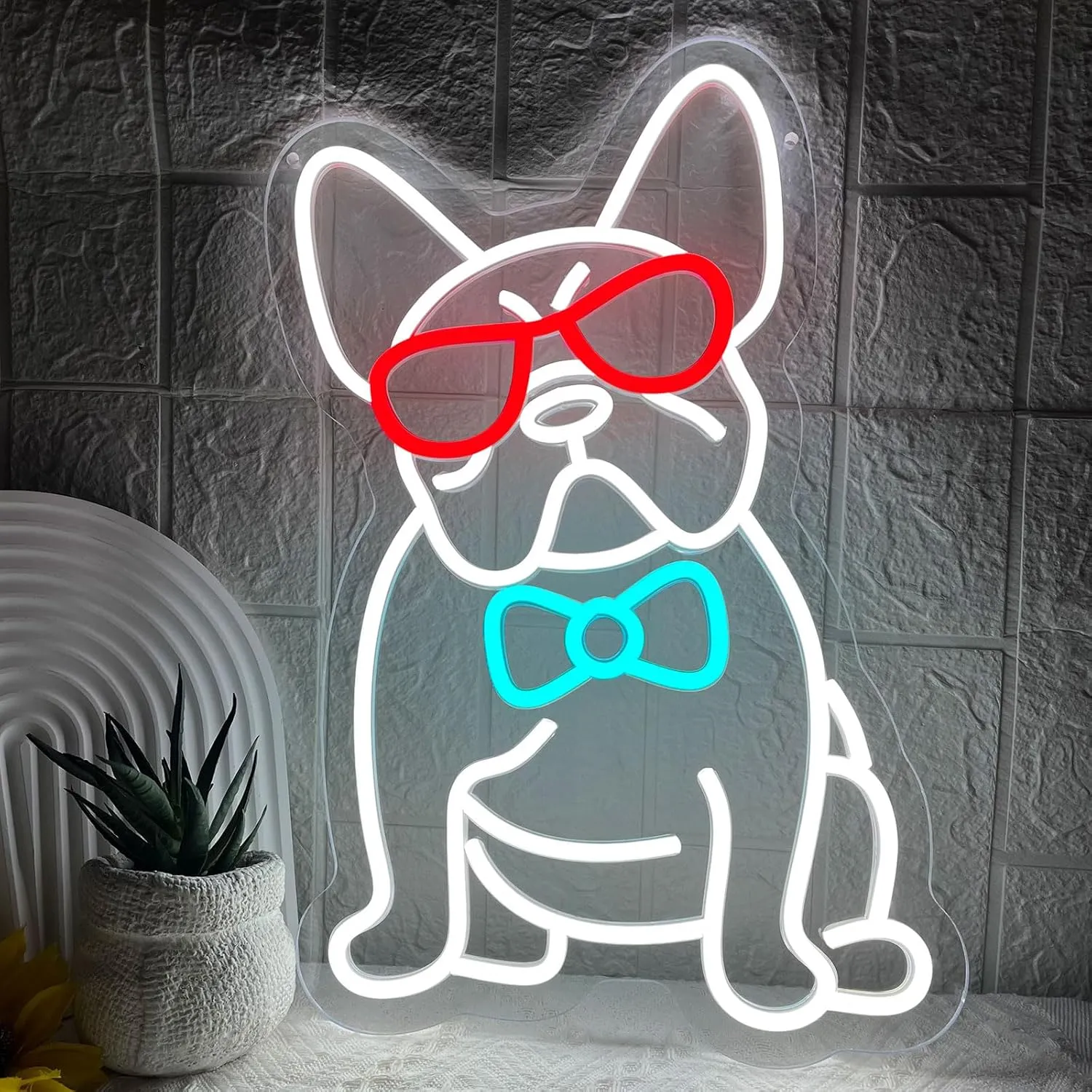 French Bulldog Neon Sign for Wall Decor, Frenchie Dog Wearing Glasses Bow Tie LED Neon Light, Cool French Bulldog Light Up Signs for Bedroom, Living Room, Pet Shop, Bar, Dog Birthday Party Decoration