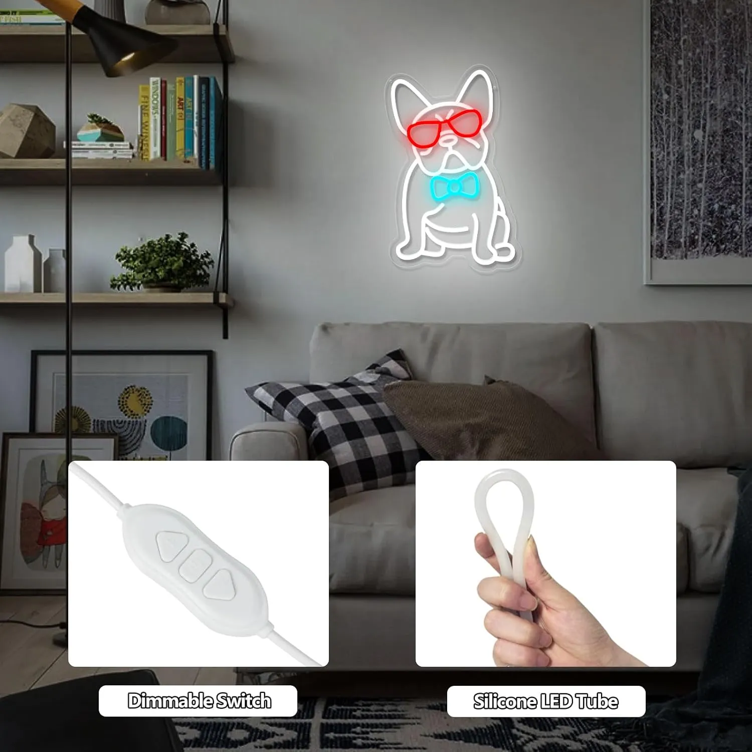 French Bulldog Neon Sign for Wall Decor, Frenchie Dog Wearing Glasses Bow Tie LED Neon Light, Cool French Bulldog Light Up Signs for Bedroom, Living Room, Pet Shop, Bar, Dog Birthday Party Decoration