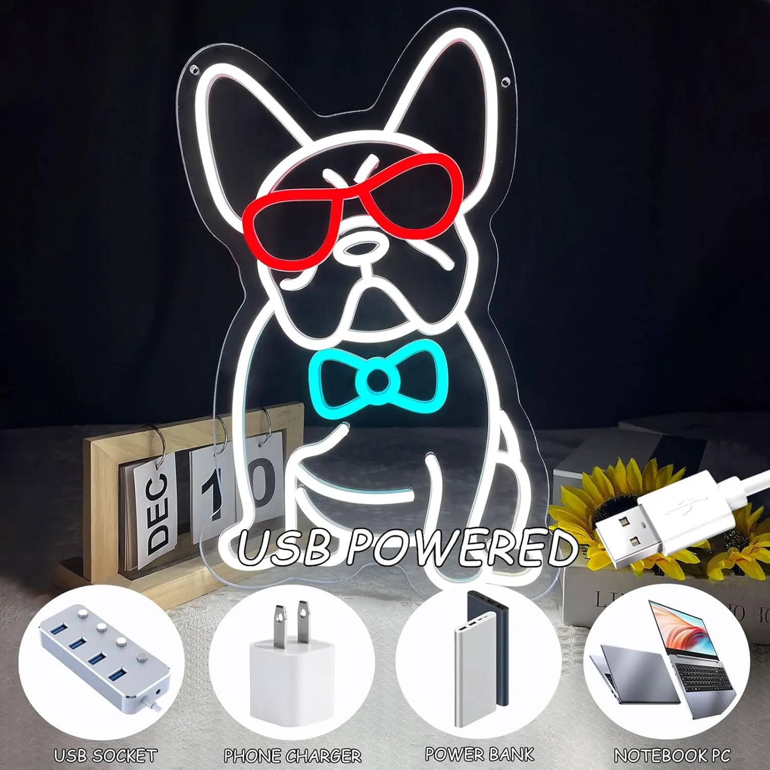 French Bulldog Neon Sign for Wall Decor, Frenchie Dog Wearing Glasses Bow Tie LED Neon Light, Cool French Bulldog Light Up Signs for Bedroom, Living Room, Pet Shop, Bar, Dog Birthday Party Decoration