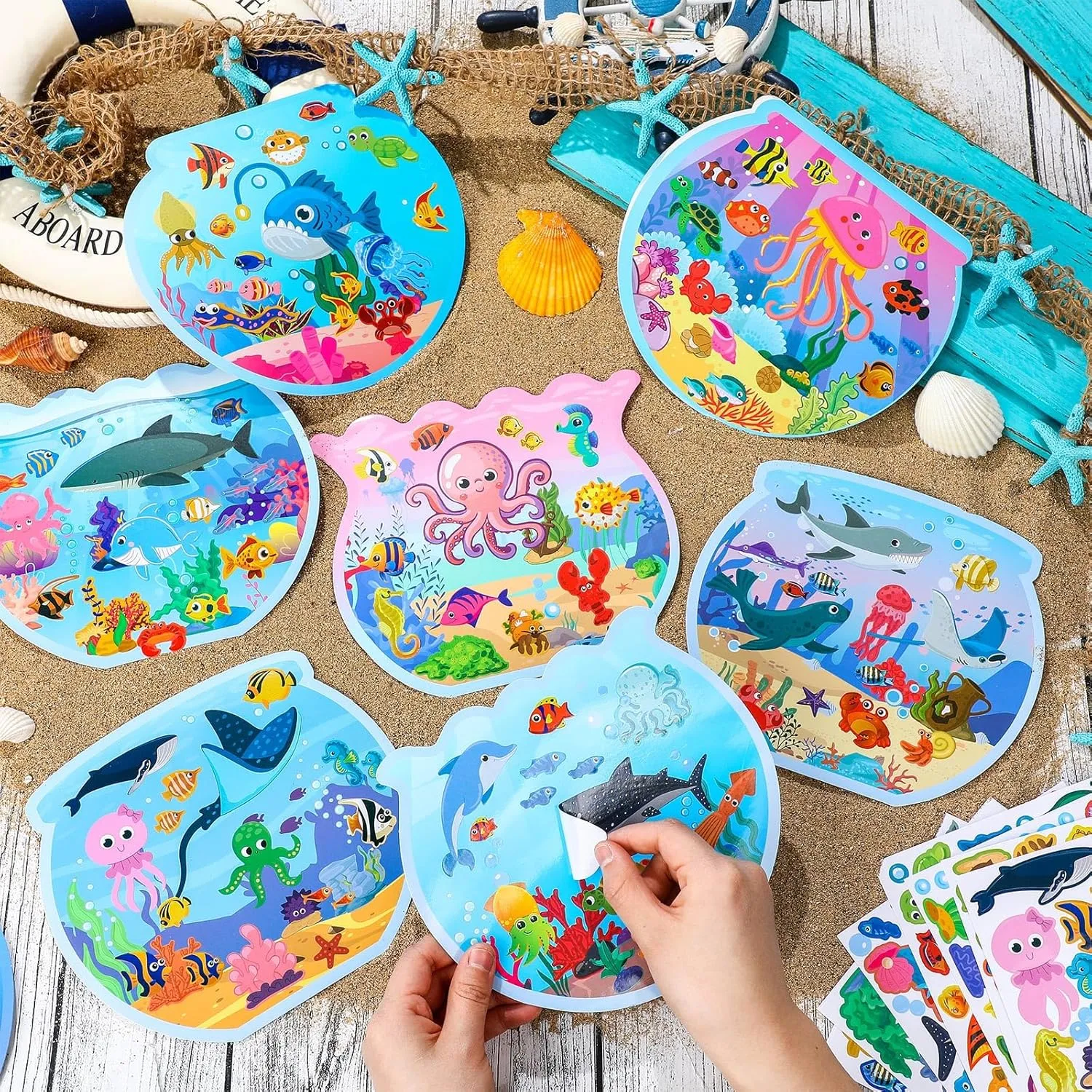 Frienda 48 Set Summer Craft Kit Fishbowl Under The Sea Sticker Crafts Bulk DIY Ocean Sea Animals Scene Stickers Shark Clown Fish Dolphin Decals for Summer Party Favors Home Classroom Game Activities