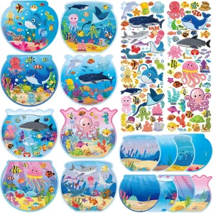 Frienda 48 Set Summer Craft Kit Fishbowl Under The Sea Sticker Crafts Bulk DIY Ocean Sea Animals Scene Stickers Shark Clown Fish Dolphin Decals for Summer Party Favors Home Classroom Game Activities