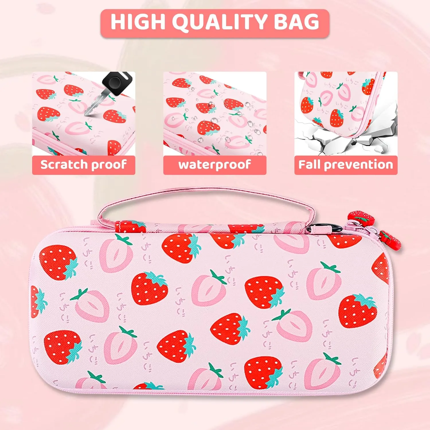 FUNDIARY Travel Carrying Case for Nintendo Switch Lite with Strawberry Design, Pink Accessories Kit with Slim Potrable Storage Bag, Soft TPU Cover Case, Shoulder Strap, Screen Protector & 2 Thumb Caps