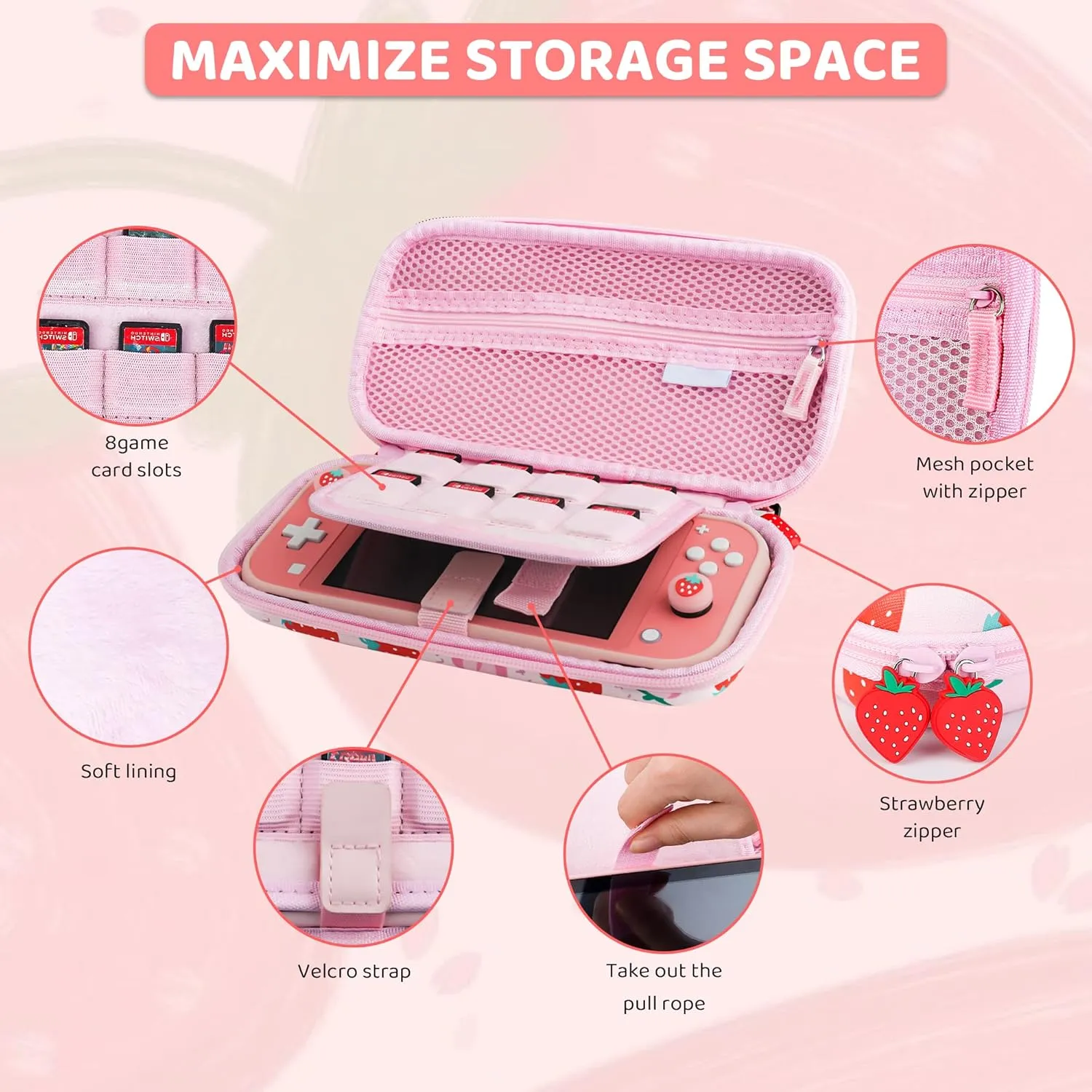 FUNDIARY Travel Carrying Case for Nintendo Switch Lite with Strawberry Design, Pink Accessories Kit with Slim Potrable Storage Bag, Soft TPU Cover Case, Shoulder Strap, Screen Protector & 2 Thumb Caps