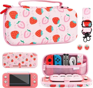 FUNDIARY Travel Carrying Case for Nintendo Switch Lite with Strawberry Design, Pink Accessories Kit with Slim Potrable Storage Bag, Soft TPU Cover Case, Shoulder Strap, Screen Protector & 2 Thumb Caps