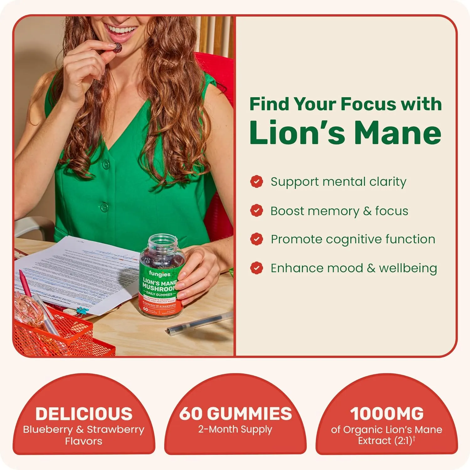 Fungies Lion's Mane Mushroom Gummies, Mixed Blueberry & Strawberry Flavor - Mushroom Supplement Gummy for Adults & Children Supports Brain Health, Cognitive Function, Focus, Memory & Mood, 60 Servings