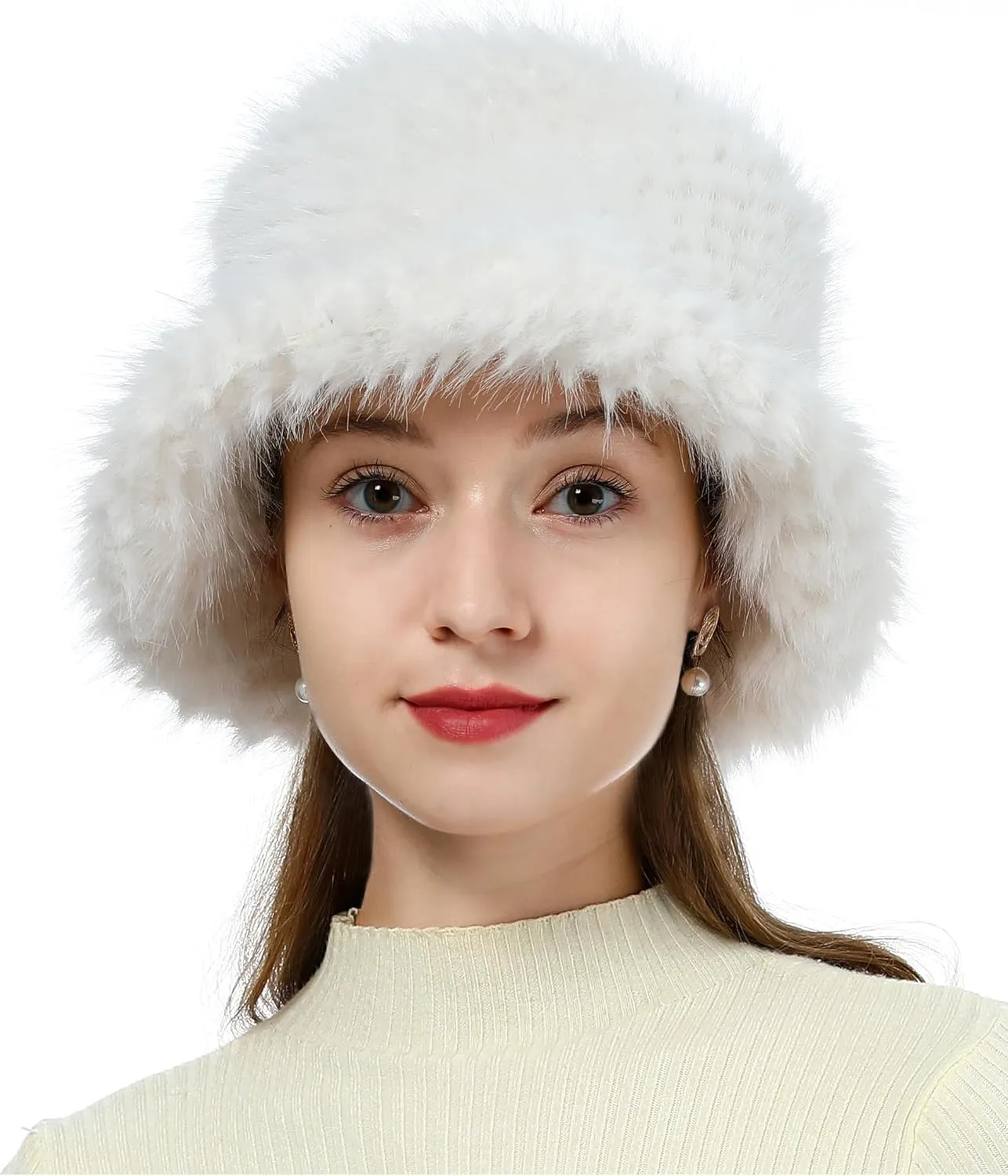 Furry Faux Fur Bucket Hat for Women Warm Winter Plush Fully Fisherman Cap