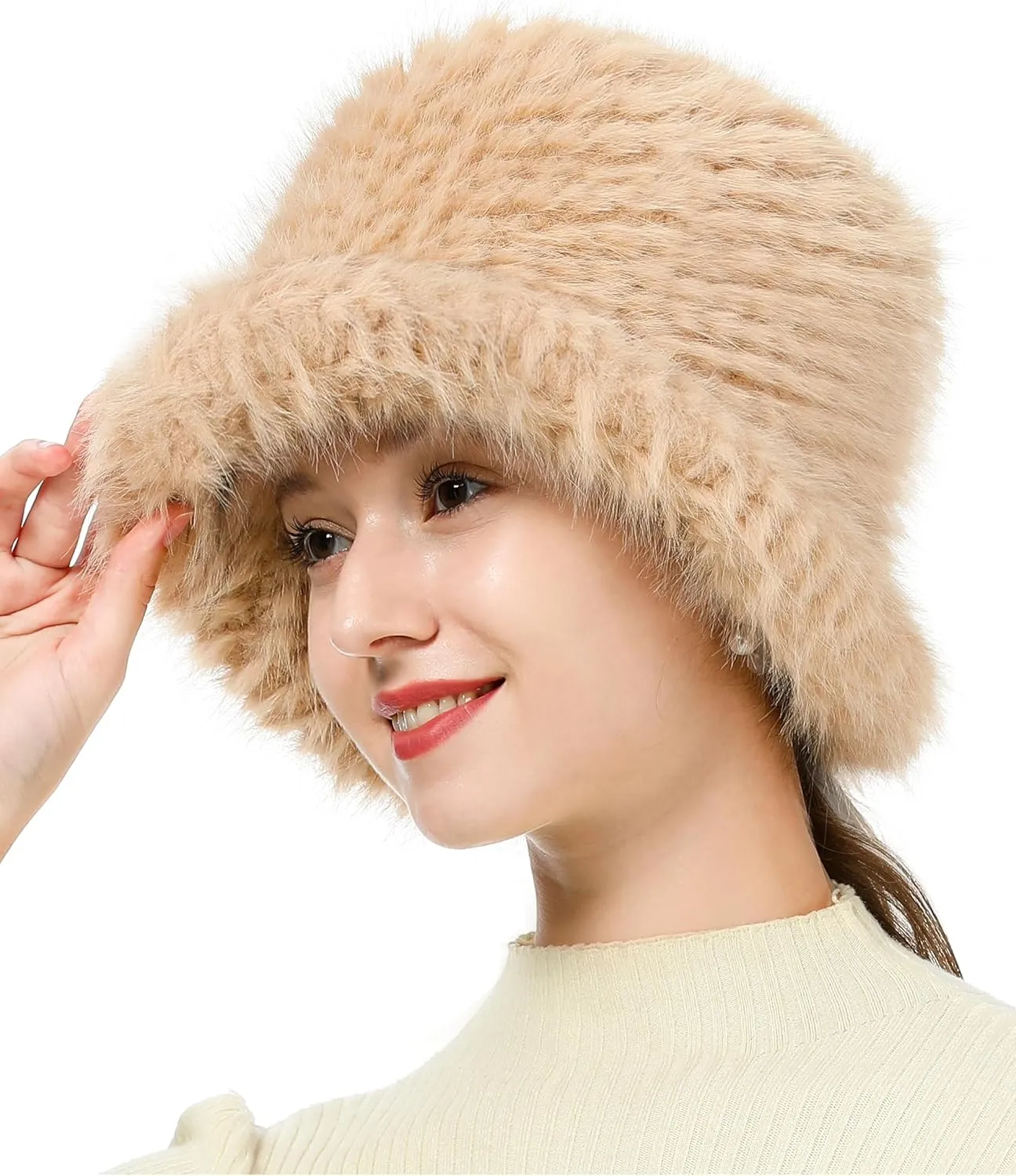 Furry Faux Fur Bucket Hat for Women Warm Winter Plush Fully Fisherman Cap