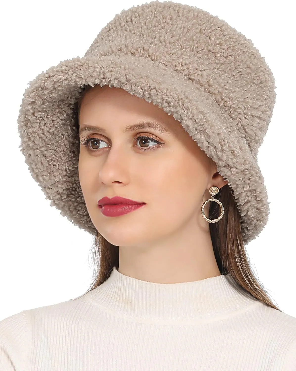 Furry Faux Fur Bucket Hat for Women Warm Winter Plush Fully Fisherman Cap