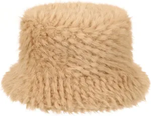 Furry Faux Fur Bucket Hat for Women Warm Winter Plush Fully Fisherman Cap